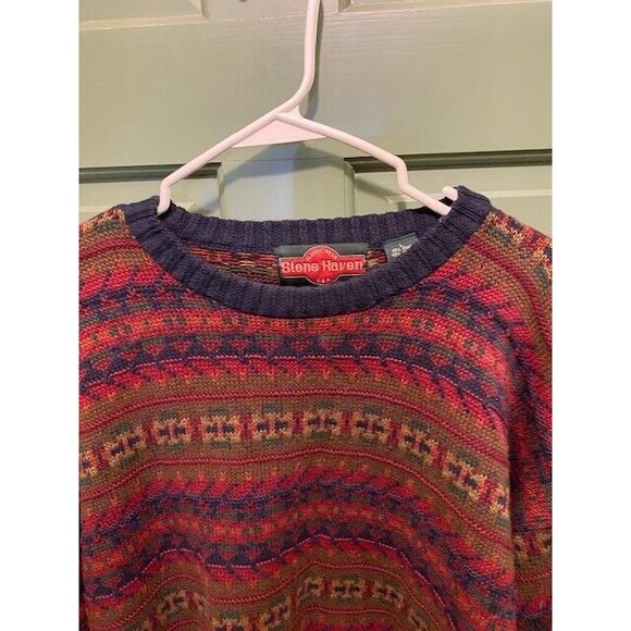 Vintage 90s Stone Haven Mens Sz L Knit Crewneck Abstract Grandpa Sweater Retro - Picture 2 of 6